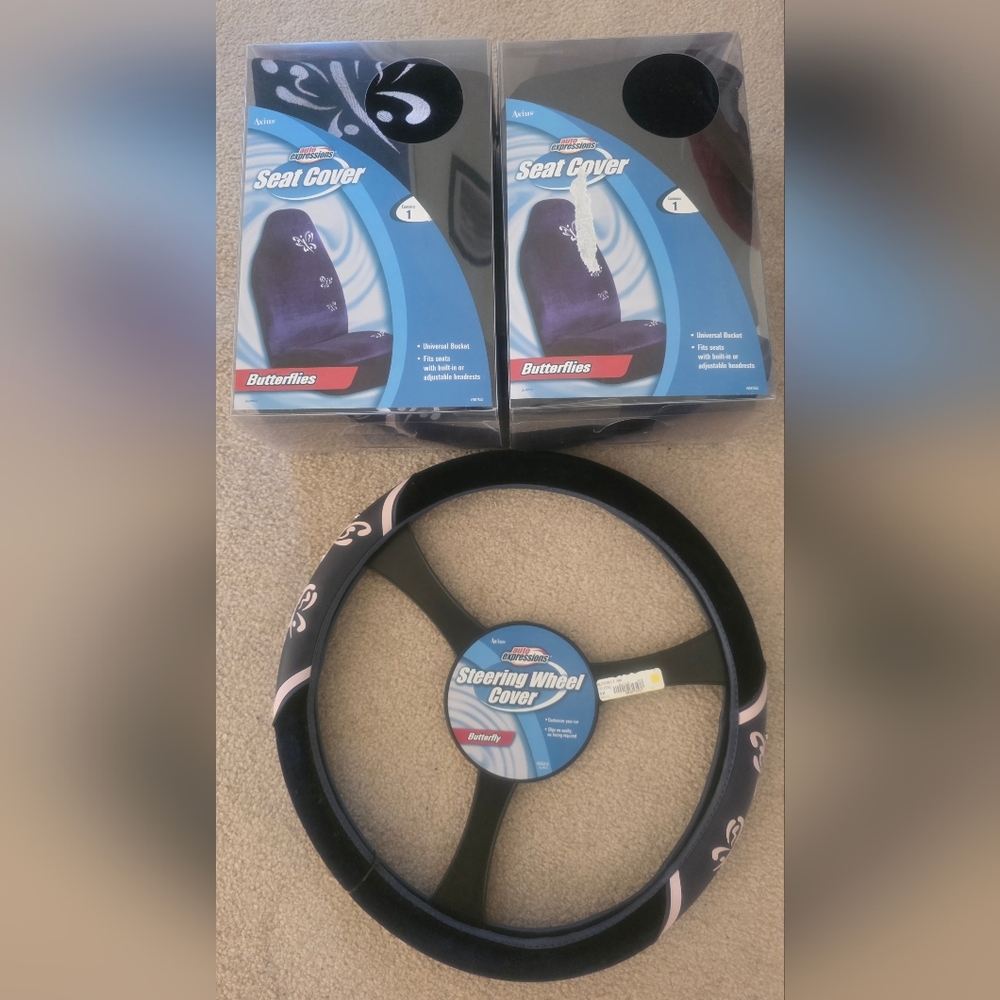 Butterflies Steering Wheel Cover in Black And Two Butterfly Seat Covers